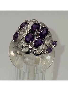 NEW Sterling Silver Amethyst Marquise Ring with Beautiful Scrollwork. Size 7